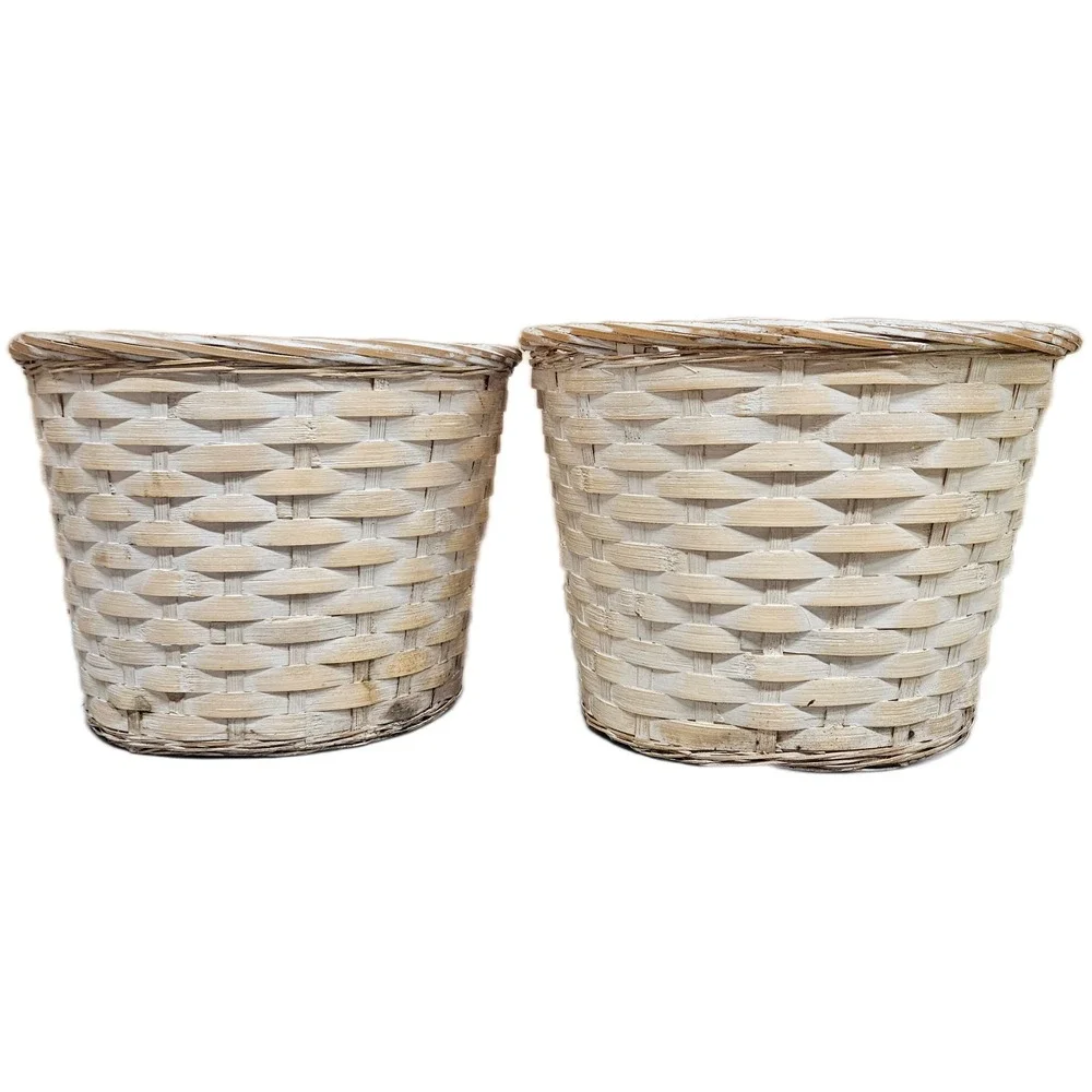 Set of 2 Rustic White Wash‎ Woven Baskets Plant Pot Cover Storage Containers